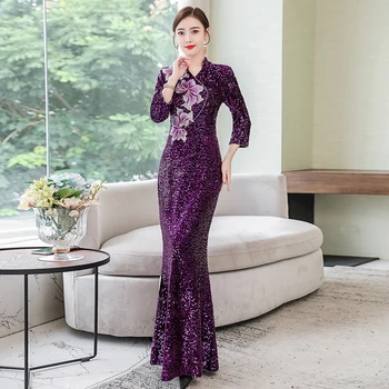 formalnih obleke, večerne obleke 2020 nov modni high-end obleko, krilo svate večer vijolično bleščica dolgo obleko cheongsam