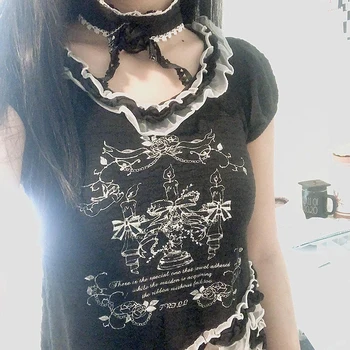 E-dekle Ruffles Trim Crop Tops Indie Grafika Print Luštna Črna T-shirt Preppy Temno Univerzami Gothic Grunge Potenje Tees Y2K Oblačila