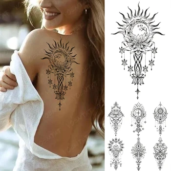Nepremočljiva Začasni Tattoo Nalepke Luna Sonce Mandala Mehndi Lotus Henna Totem Flash Tatto Ženske Moški Nazaj Body Art Ponaredek Tetovaže