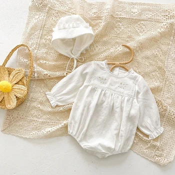 Malčka Baby Dekle Romper Pomlad Jesen Beli Vezenino Bodysuits za Dojenčke Bombažne Tanke Otroci Oblačila Dekleta Kostumi