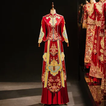 Elegantno Nevesta Poročiti Obleko Zmaj Cvet Vezenje Tassel Cheongsam Tradicionalni Kitajski Par Poročno Obleko китайская одежда