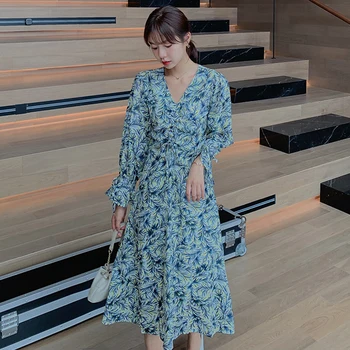 Dolg Rokav Šifon Cvetlični Obleka Ženske Jeseni, Pozimi 2022 Vzletno-Pristajalne Steze Korejski Elegantna Dolga Obleka Boho Vinateg Počitnice Stranka Obleke