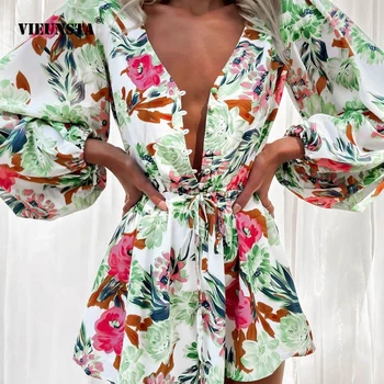 Moda Seksi ženska Oblačila V Vratu Kravato Gumb Mini Obleka Pomlad 2022 Padec Elegantno Cvjetnim Tiskanja Svoboden Luč Rokav Midi Obleko