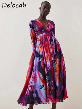 Delocah Visoke Kakovosti 2023 Pomlad Ženske Modni Oblikovalec Midi Obleko Luč Dolg Rokav Elastični Pas Multicolor Tiskanih Obleke