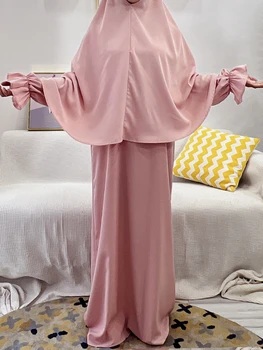 Eid Muslimanske Ženske Jilbab Dolgo Khimar Hidžab Obleka Komplet 2 Kosov Hooded Molitev Oblačilo Abaya Ramadana Obleke Obleko Določa Islamske Niqab