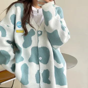 Korejski Moda Oversize Oblačila Ulične Gumbi Pletenje Jopico za Ženske Jeseni Coats Y2k Vrhovi Dolgimi Rokavi, V-vratu Jopica