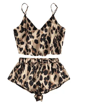Poletje seksi zanko sleepwear brez rokavov saten leopard tiskanja pižamo vrh + hlače, pižame set