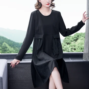 Črno Pleteno korejski Letnik Eleganten Casual Midi Obleko Pomlad Jesen Trdna Svoboden Pas Obleke 2022 Ženske 5XL Večer Vestidos