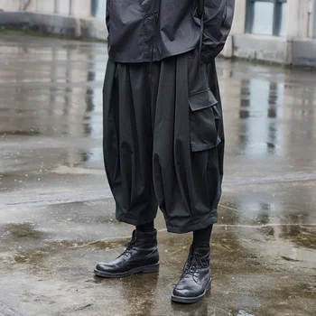 Moške Priložnostne Capris Naguban Design Temno Japonski Delovne Obleke Multi Žep Svoboden Široko Ravne Noge Hlače