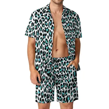 Leopard Natisniti Moških Določa Modri in Črni Priložnostne Hlače Počitnice Shirt Nastavite Poletje Havaji Obleko Kratek Rokav Prevelik Oblačila
