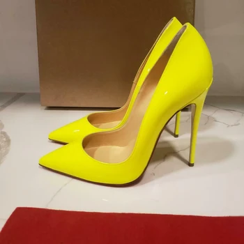 Brezplačna dostava za modo žensk črpalke seksi dama neon rumena lakasto usnje točke toe visokih petah Stiletto čevlji 12 cm 10 cm