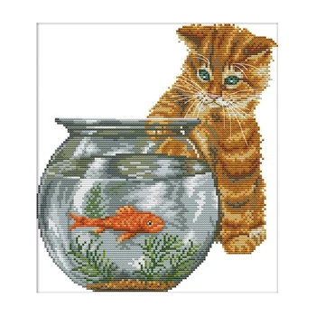 Vezenine So Navzkrižno Šiv Kompleti Mačka In Ribe Opremljeno Z Natisnjeni Vzorec Starter Kit (Mačka In Ribe)