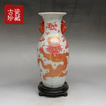 Lepe starinsko keramični krekirana glaze odprite kos zmaj vzorec dva-uho vaza ornament
