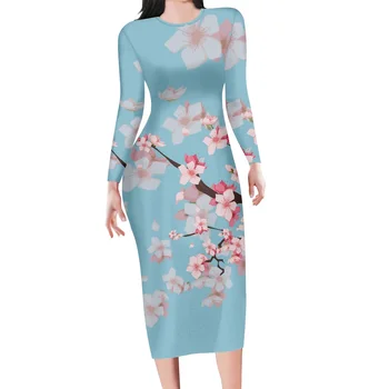 High End Kitajski Slog, Barva S Cvetjem Tiskanja Dolgo Krilo Ženske Velikosti Obleko Z Dolgimi Rokavi, Krog Vratu Pomlad Oblačila