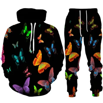 Ženske metulja print priložnostne 2, nastavi pulover s kapuco + hlače modni 3D hoodie majica set