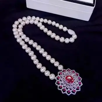 brezplačna dostava Nakit 8-9 mm white pearl naravnih ogrlica cirkon obesek 18-inch