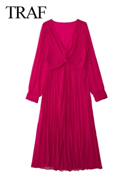 TRAF Elegantna Barva Rose Red Dolgo sleeved Obleko Slim Proti-vrat Temperament Naguban Modni Pulover Strani Zadrgo Obleka Ženske