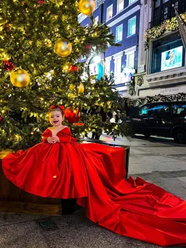 Rdeči Cvet Dekle Obleko z Dolgimi Vlak Dekleta Princesa Poročno zabavo Obleko Dekle Rojstni dan Obleke Moda Dekle Vintage Obleke