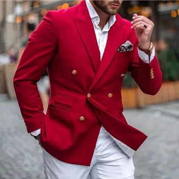 Priložnostne Rdeče Dvojno Zapenjanje Moške Obleke z Belo Hlače Slim Fit Maturantski Ženina Tuxedos Poroko Obrabe 2 Kosa Blazer Moda