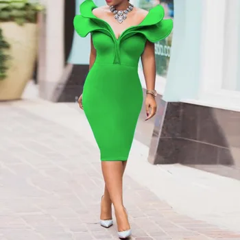 Elegantne Obleke za Ženske Zelena V Vratu Kratek Rokav Bodycon Visoka Vitka Sredi Tele Večer Stranka Večerja Poroko Vestidos Mujer