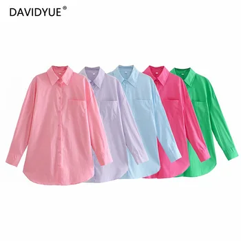 Poletne bluze 2021 moda za ženske gumb gor majico korejski moda ovratnikom srajce letnik dolg rokav vrh prevelik roza majica