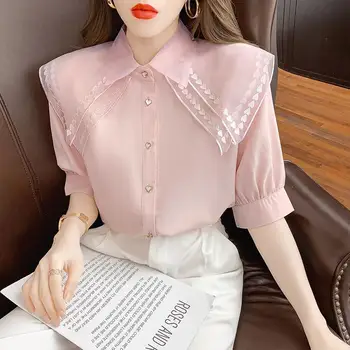 Dvoslojno lutka ovratnik šifon bluzo ženski design občutek nišo 2022 poletje super pravljice vrh sladki tujih bluzo ženski zgornji deli oblačil
