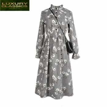 Vintage 2021 Nove Modne Obleke za Ženske Dolga Obleka Majhni Cvetlični Elegantna Oblačila Pomlad Jesen Dnu Obleke LWL129